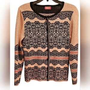 Oleana Flower and Flounce Cardigan Sweater Merino Wool Silk Pink Black Women's S